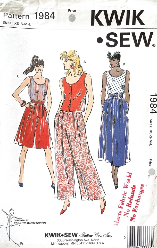 Kwik Sew 1679 Misses Leggings Tights Tank Top Pattern Sz Xs-l Vintage 1987 Uncut