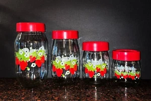 Vintage! Set Of 4! Carlton Glass Strawberries Pattern With Red Lids Retro - Picture 1 of 10
