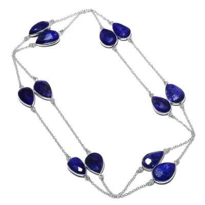 多面蓝色蓝宝石梨宝石 925 纯银珠宝项链 36" H33 — 第 1/4 张图片