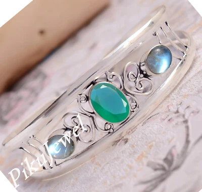 Labradorit & grüner Onyx Edelstein 925 Sterling Silber Armreif Manschette für... - Bild 1 von 4