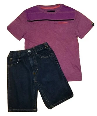 Size 7 Calvin Klein Maroon Pocket Tshirt & Black Denim Shorts Boys Summer Outfit - Image 1 of 4
