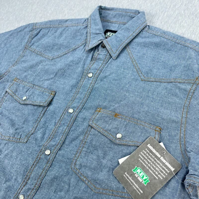 Key Western Chambray Shirt Mens L Regular Pearl Snap Short Sleeve Cotton NEW - Image 1 of 4