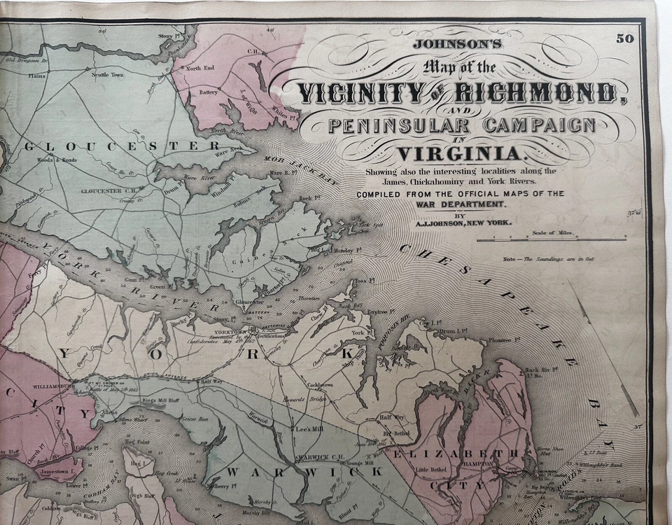 Richmond Virginia Guerra Civil Campaña Peninsular 1870 Johnson mapa grande Foto 1 de 4
