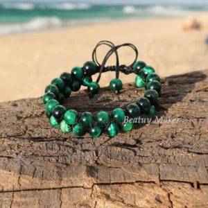 Natural Green Tiger Eye Stone Healing Double Braided Warp Adjustable Bracelet - Picture 1 of 3