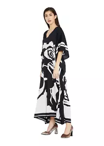 Women's Black & White Rose Print Kimono Kaftan Resort Wear Party Dress One Size - Picture 1 of 2