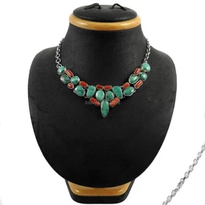 Oval Turquoise 925 Sterling Silver Cluster Elegant Ethnic Engagement Necklace - Picture 1 of 5