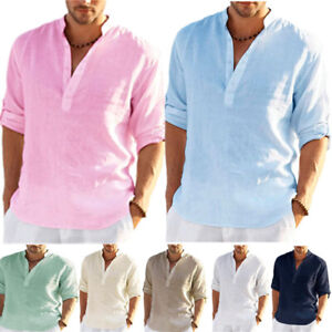 Mens Linen Long Sleeve Shirts Solid Loose Casual Shirt Blouse Top  Cotton Summer