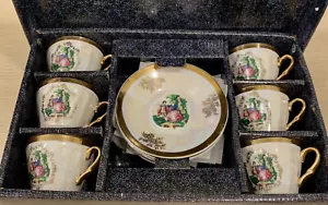 Vintage Yusui Fine Porcelain Cups & Saucers Iridescent Demitasse Tea Set & Case - Picture 1 of 12