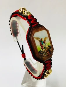 Pulsera San Miguel Arcangel BK/RD doble tejida  Gold plated bead hecha a mano - Picture 1 of 5