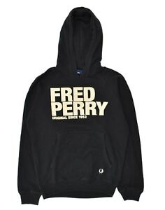 FRED PERRY Boys Graphic Hoodie Jumper 14-15 Years Large Black Cotton EJ02