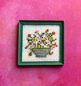 1:12 Scale Miniature Handmade Needlepoint of Bowl of Flowers Picture - Picture 1 of 2