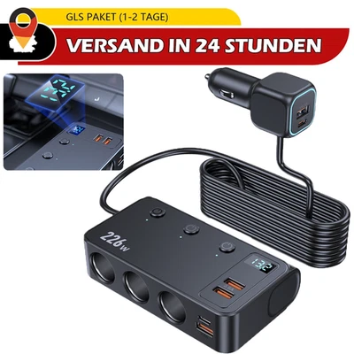 12V 24V LKW Auto KFZ-Adapter 3 Fach Zigarettenanzünder Verteiler 3 USB Steckdose - Bild 1 von 4