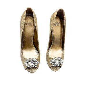 Badgley Mischka Belle Gold Metallic Peep Toe Pump Stiletto Heel Shoes Size 8.5 - Picture 1 of 7