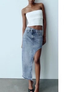 Falda midi de mezclilla Zara recortada pequeña azul jean dobladillo crudo nueva con etiquetas - Imagen 1 de 17