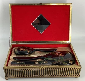  Tilso Japan Musical Abalone Inlay Black Lacquered Jewelry Vanity Box, Brush Set - Picture 1 of 24