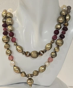 Chicos Long Double Strand Gold & Raspberry Colored Lucite & Glass Beads NWT - Picture 1 of 3
