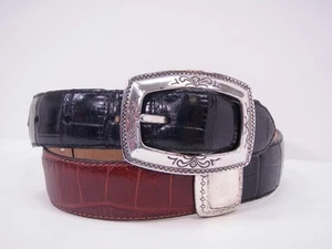 S 23903 BRIGHTON MOC CROC BROWN & BLACK WITH SILVER BUCKLES WOMENS BELT 32" - Picture 1 of 1
