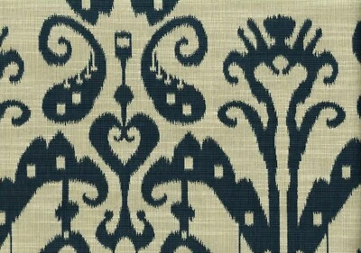 4.25 Yards Designer Fabric Khaki Navy Ikat  Drapery Upholstery   - Image 1 of 2