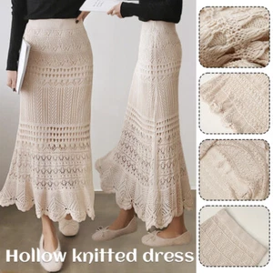 Womens High Waisted Loose Plus Size Crochet Hollow Knitted Long Dress S-8XL - Picture 1 of 23