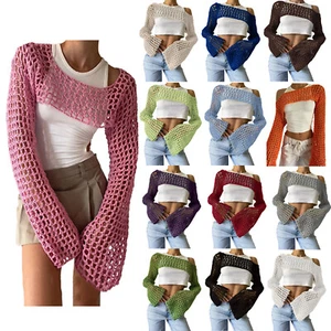 Sexy Damen Netz gehäkelt kurze Oberteile Achselzucke ausgehöhlt Strand Abdeckungen Strick T-Shirts - Bild 1 von 92