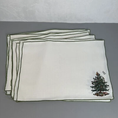 Set Of 8 Vintage Spode Christmas Tree Embroidered Linen Dinner Placemat Set - Image 1 of 4