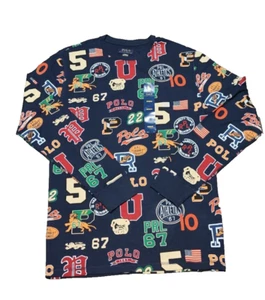 NWT Polo Ralph Lauren Blue Letterman Print Waffle Knit Thermal Sleep Shirt Men's - Picture 1 of 5