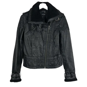 JEANSWEST Sz 8 Black Womens Leather Zip Front High Neck Bikers Jacket - Picture 1 of 11