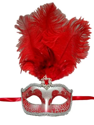 Red Silver Venetian Mask Feather Masquerade Mardi Gras 12" New - Image 1 of 2