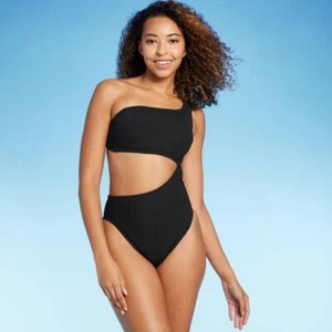Shade & Shore Women's One Shoulder Swimwear Ribbed Piece Swimsuit - Picture 1 of 18