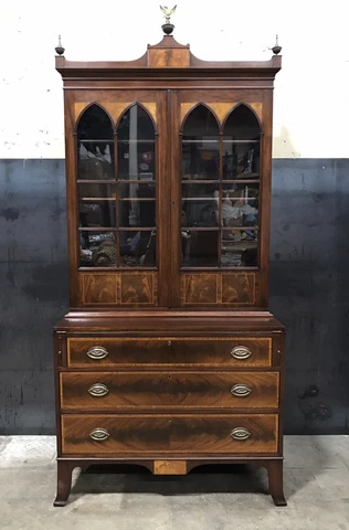 Vintage Federal Style Secretary Bookcase; Solid Mahogany & InlaId Veneers Cover
