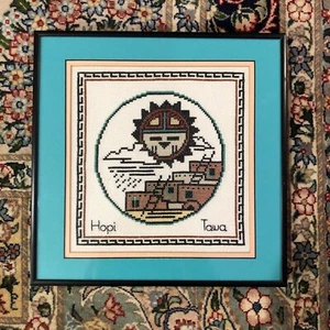 Hopi Tawa Handmade Cross Stitch Double Matted & Framed 12" x 12" Native American - Picture 1 of 3