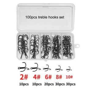Treble Fishing Hooks Kit Black High Carbon Steel Treble Hook 2#-14# for Lures - Picture 1 of 16
