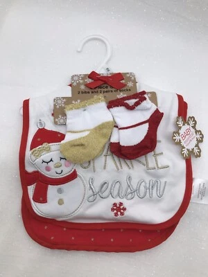 Conjunto de 4 babero y calcetines para bebés niñas I Love Sparkle Season vacaciones muñeco de nieve brillante NUEVO Foto 1 de 4