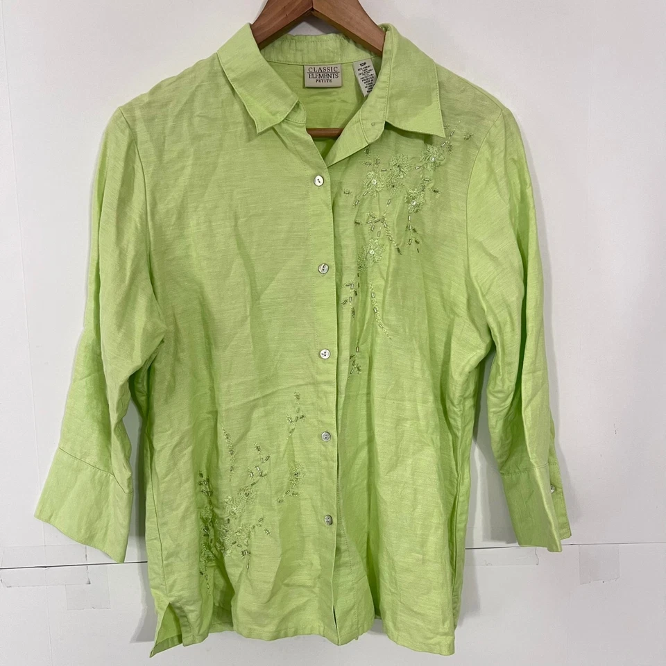 Classic Elements Womens Shirt Size 10P Green Beaded Sequin Linen Blend - Image 1 of 4