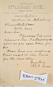 1887 San Antonio, TX. LETTERHEAD LEONARD HOTEL MAIN PLAZA DR. R.L. DREXLER - Picture 1 of 1