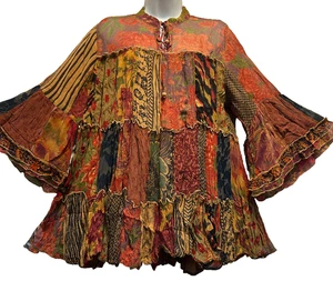 Nw FUNKY STUFF patch boho tiered babydoll sheer chiffon viscose TOP XL Free ship - Picture 1 of 5