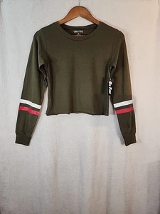 On Fire 100% Cotton Women's Olive With Arm Stripes Long Sleeves Crop Small New  - Picture 1 of 3