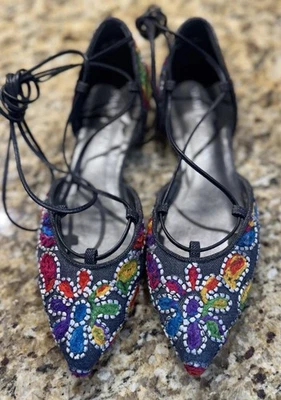 Stuart Weitzman Zapatos planos brillantes boho con cordones para mujer 7 punta bordada #J1942 Foto 1 de 4