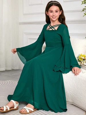 Muslim Kids Girls Abaya Long Sleeve Maxi Dress Kaftan Chiffon Turkey Formal Prom - Image 1 of 4