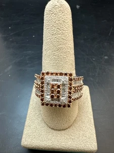 Sterling Silver, Clear & Orange color Diamonds Cluster Ring - Size 10 - Picture 1 of 7