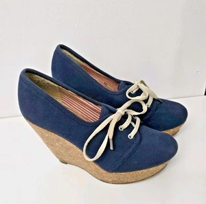 Office canvas lace up cork wedges sailor girl shoes size 4 blue beige - Picture 1 of 10