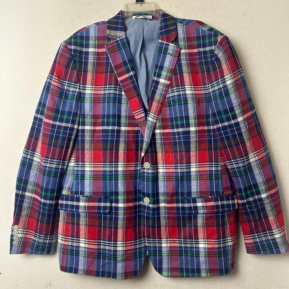 IZOD Blazer 男式 46R 蓝色红色格子亚麻棉运动外套经典学院风 — 第 1/4 张图片