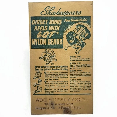 Envelope de peças de molinete de pesca Shakespeare vintage da década de 1960 • Publicidade publicitária de anúncios de linha de isca - Imagem 1 de 4