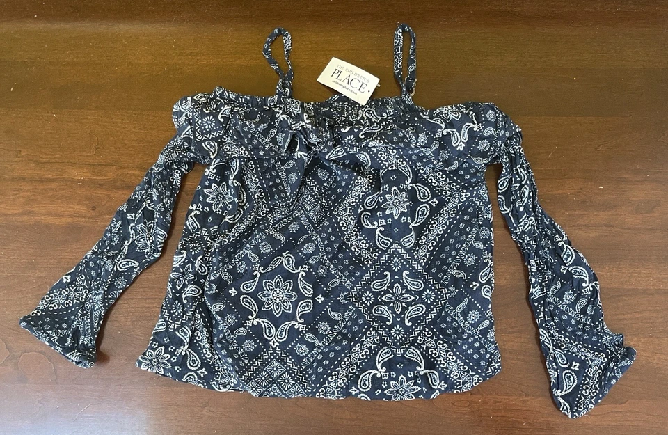 TCP Girls Adjustable Strap Paisley Cold Shoulder Ruffle Long Sleeve Top Blue S - Image 1 of 4