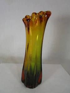 Japanese Green and Amber Swung Glass Finger Vase 8.25" Tall Ribbed - Picture 1 of 8