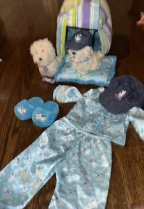 American Girl Doll Coconut Pajama Set Blue Slippers 2 Dogs Hats Dog House - Picture 1 of 1