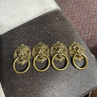 Vintage Lot Of 4 Lion Head Drop Ring Drawer Pulls Brass No Screws • 12.86$