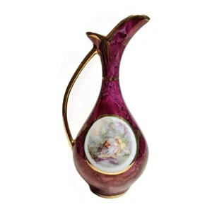 Monarch Limoges Pitcher Jug France Porcelaine D'Art Maroon Marble Gold Trim 17cm - Picture 1 of 8