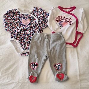 Preloved 3x AUTHENTIC GUESS Baby Girl Winter Bodysuits & Leggings Size 3-6 M 00