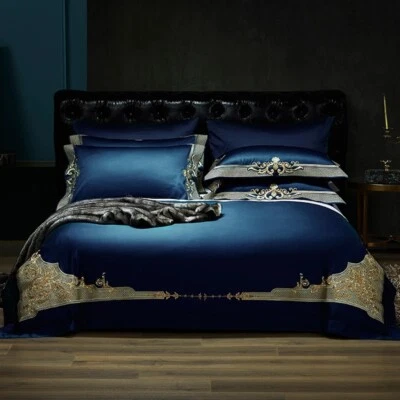 Royal Deep Ocean Topoz Blue Egyptian Cotton Silk Blend Quilt Cover Bedding Set - Image 1 of 4